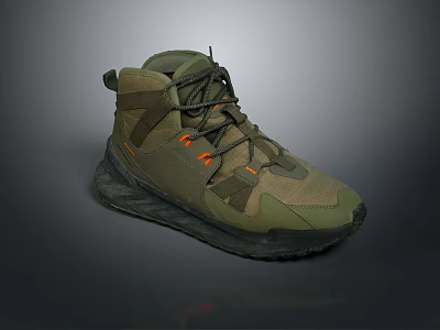 Olive Green High Top Shoes With Orange Laces Textile Upper And Thick Sole 3d model