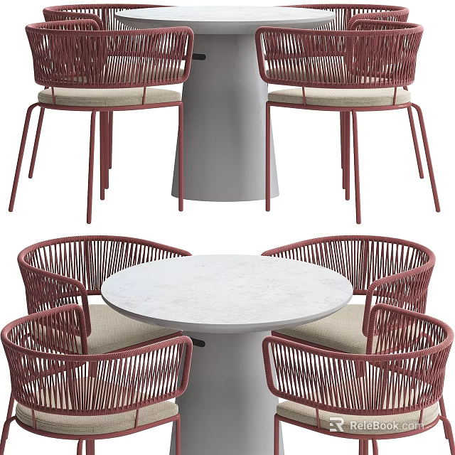 Four Red Woven Chairs With White Marble Round Table Dining Set 3d model