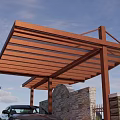 Wooden Pergola Over Driveway With Black Car And Stone Wall In Outdoor Space