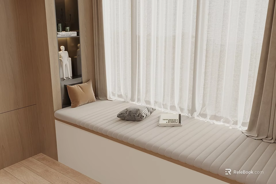 Modern Indoor Window Bench With Upholstered Cushion White Curtains And Decorative Pillows 3d model 