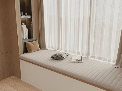 Modern Indoor Window Bench With Upholstered Cushion White Curtains And Decorative Pillows 3d model