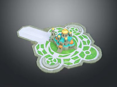 Fantasy Castle 3D Model With Golden Domes Towers And Green Garden Paths 3d model