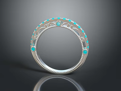 Unique Handcrafted Silver Ring Adorned With Blue Gemstones And Ornate Decorative Patterns 3d model