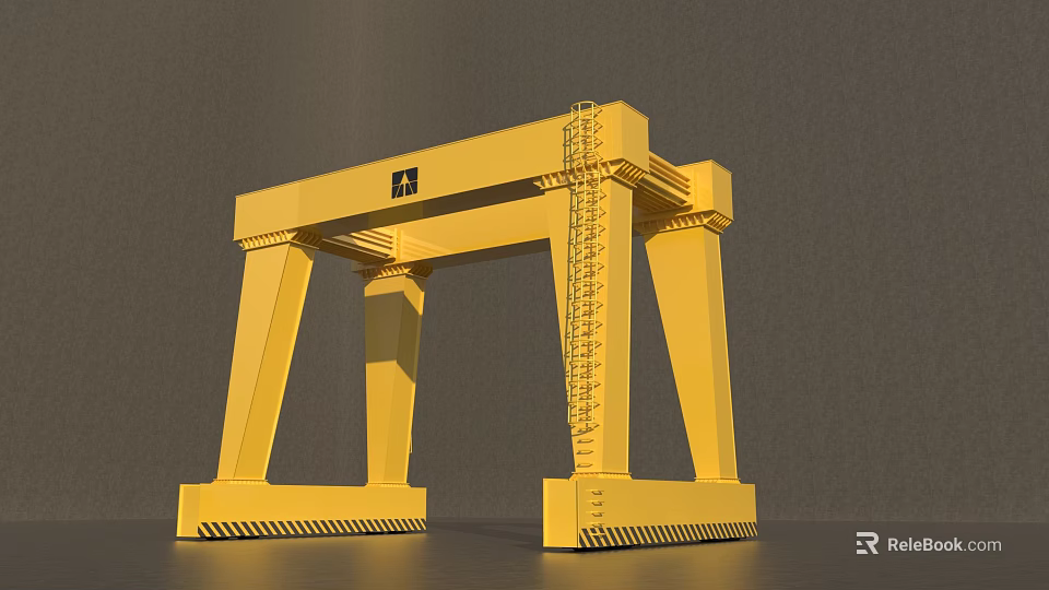 Yellow Industrial Gantry Crane With Steel Frame Ladder Structure And Bottom Warning Stripes 3d model 