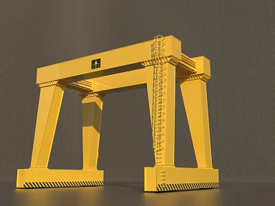 Yellow Industrial Gantry Crane With Steel Frame Ladder Structure And Bottom Warning Stripes 3d model