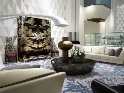 Luxury Living Room Sofa And Coffee Table Set With Ornate Cabinet Patterned Rug And Elegant Lighting 3d model