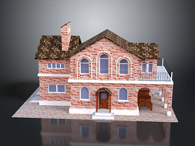Traditional Red Brick House Exterior with Brown Roof Chimney Arched Windows and Porch Steps 3d model