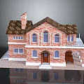 Traditional Red Brick House Exterior with Brown Roof Chimney Arched Windows and Porch Steps