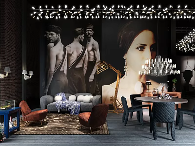 Modern Artistic Interior With Large Black White Figure Murals Decorative Chandeliers Sofa And Dining Table 3d model