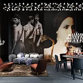Modern Artistic Interior With Large Black White Figure Murals Decorative Chandeliers Sofa And Dining Table