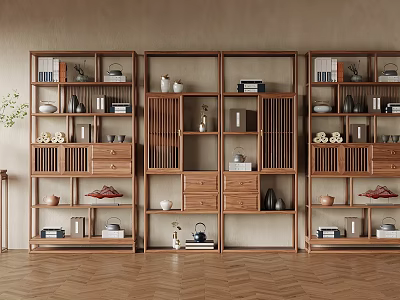 Chinese Style Wooden Display Shelves With Decorative Items Books And Tea Sets 3d model