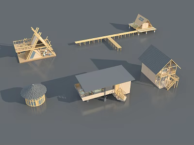 Diverse Guesthouse Architecture Designs With Wooden Structures Terraces And Roof Styles 3d model