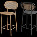 Modern Light Wood And Black Bar Stools With Woven Backrest And Wooden Seat