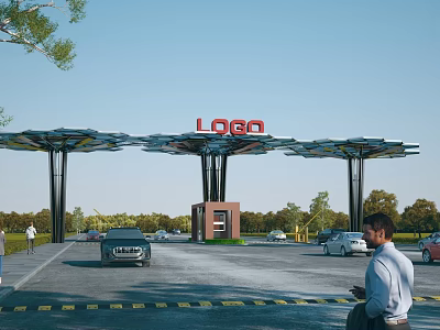 Modern Entrance Gate With LOGO Sign Canopy Structure Cars And Trees In Parking Area 3d model