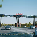 Modern Entrance Gate With LOGO Sign Canopy Structure Cars And Trees In Parking Area