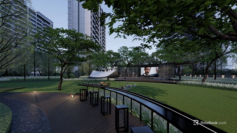 Modern Residential Landscape With Tall Buildings Green Trees Lawn Wooden Deck Outdoor Screen And Lighting 3d model 