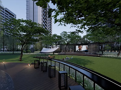 Modern Residential Landscape With Tall Buildings Green Trees Lawn Wooden Deck Outdoor Screen And Lighting 3d model