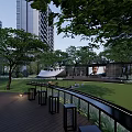 Modern Residential Landscape With Tall Buildings Green Trees Lawn Wooden Deck Outdoor Screen And Lighting