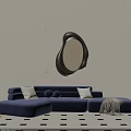 Blue Three Seater Sofa With Throw Pillows Blanket And Irregular Black Mirror On Wall 3d model