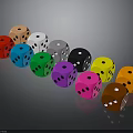 Colorful Dice With White Dots Arranged In Row On Dark Surface