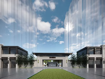 Traditional Chinese Entrance Gate With Surrounding Buildings Green Lawn And Trees Under Blue Sky 3d model