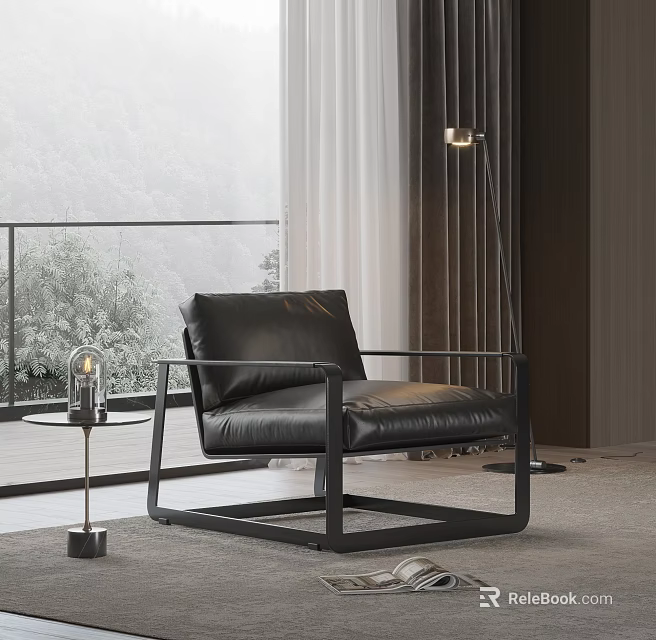 Modern Black Leather Leisure Chair With Metal Frame In Bright Room With Green View 3d model 