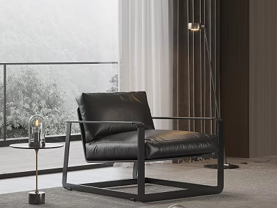Modern Black Leather Leisure Chair With Metal Frame In Bright Room With Green View 3d model