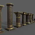Classical Roman Columns with Ornate Carvings and Various Decorative Capitals in