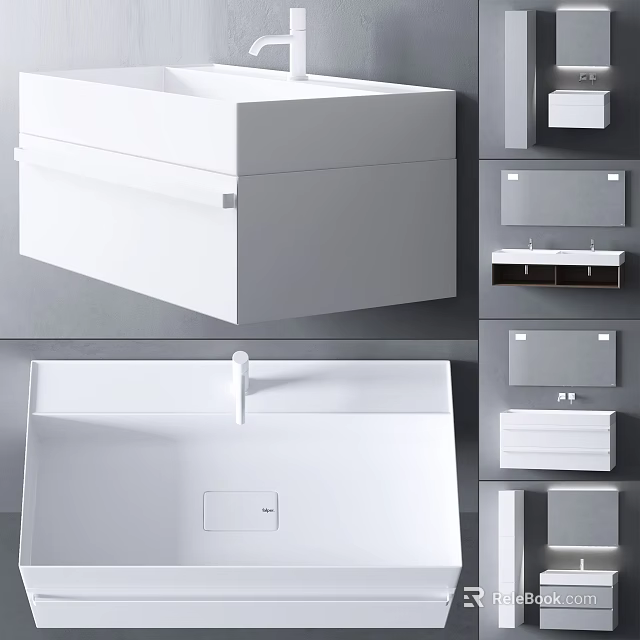 Modern Minimalist White Washbasin Design With Countertop And Various Styles 3d model 