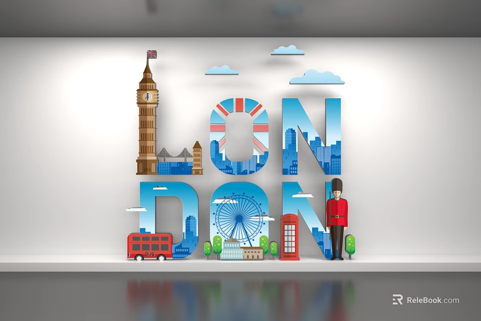 London Themed Design With Big Ben Red Bus London Eye And Guard 3d model 