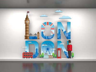 London Themed Design With Big Ben Red Bus London Eye And Guard 3d model