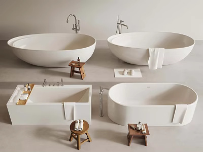Different Styles of White Bathtubs with Wooden Stools Towels and Faucets 3d model