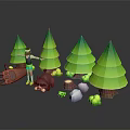 Cartoon Forest Scene With Green Trees Character Bear Logs Stones And Mushrooms