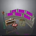 Modern Urban Scene Featuring Pink Railings Bridge Green Street Lamp Piano And Table