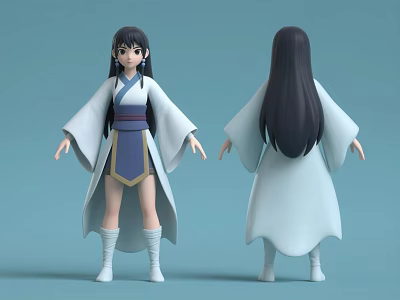 Game Movie Character Traditional Robe Long Black Hair 3D Model Front Back View 3d model