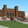 Classic European Style Architecture Red Brick Exterior with Arched Windows Stone Steps and Clock Tower