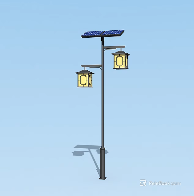 Solar Powered Street Light With Solar Panel And Lantern Shaped Outdoor Lighting Fixture 3d model 