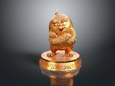 Golden Decorative Angry Chicken Figurine With Detailed Feathers On Shiny Base 3d model