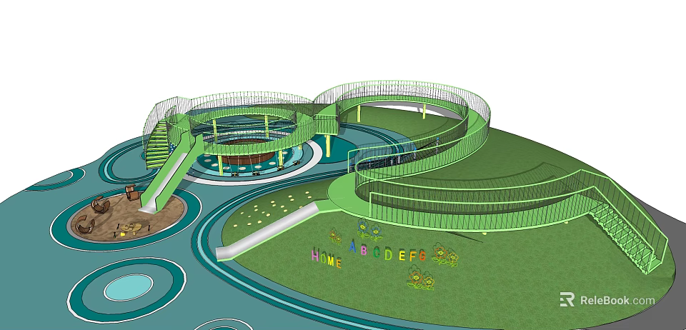 Green Spiral Playground Equipment with Slide Circular Platform and Happy Riders Design 3d model 