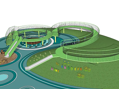 Green Spiral Playground Equipment with Slide Circular Platform and Happy Riders Design 3d model