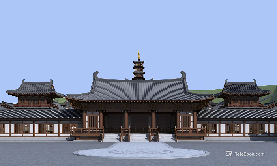 Ancient Chinese Architecture With Traditional Pagoda Roof And Courtyard Design 3d model 