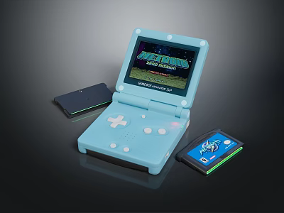 Light Blue Handheld Game Console With Clamshell Design And Astro Blaster Game Cartridge 3d model