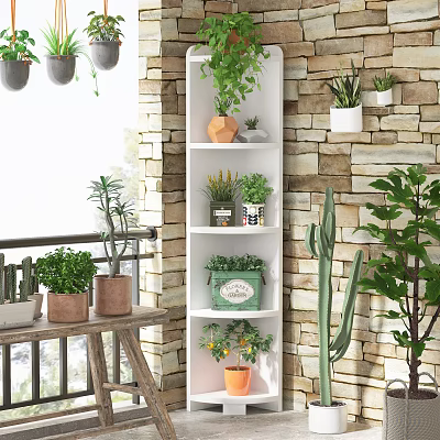 Charming Mini Garden Setup With Tiered Shelf Various Potted Plants Hanging Planters And Stone Wall 3d model