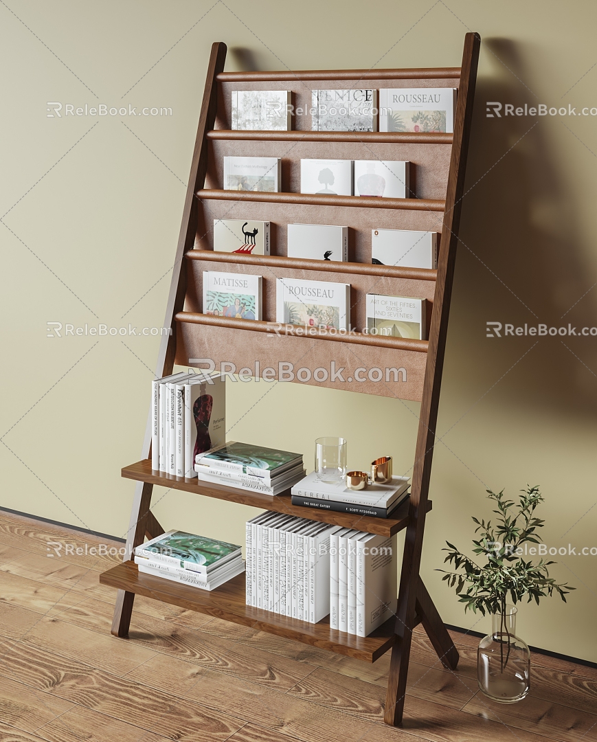 Middle Ancient Bookshelf Wooden Leather Bookshelf Magazine Rack Newspaper Rack Storage Rack 3d model