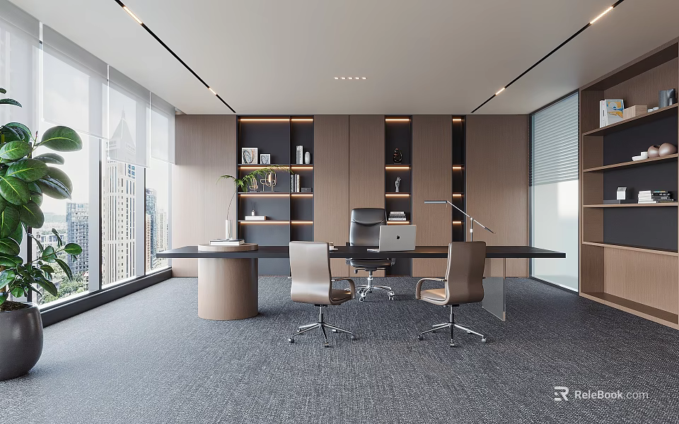 Modern Open Office Interior With Large Windows Desk Chairs Bookshelves Green Plants And City View 3d model 