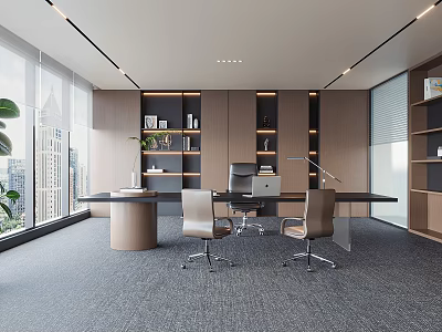 Modern Open Office Interior With Large Windows Desk Chairs Bookshelves Green Plants And City View 3d model