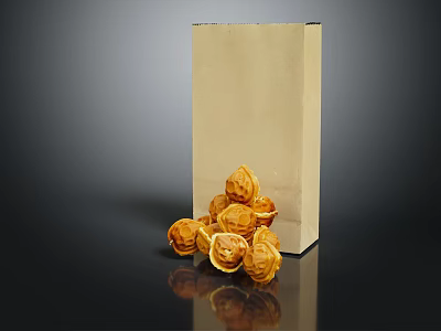 Shelled Walnuts With Brown Paper Bag On Black Background Surface 3d model