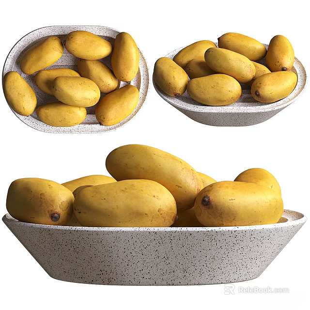 Speckled Ceramic Bowls Filled With Fresh Yellow Mangoes On White Background 3d model 