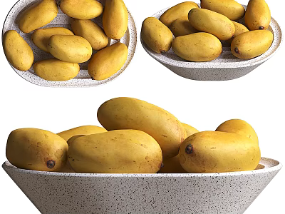 Speckled Ceramic Bowls Filled With Fresh Yellow Mangoes On White Background 3d model