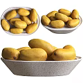 Speckled Ceramic Bowls Filled With Fresh Yellow Mangoes On White Background